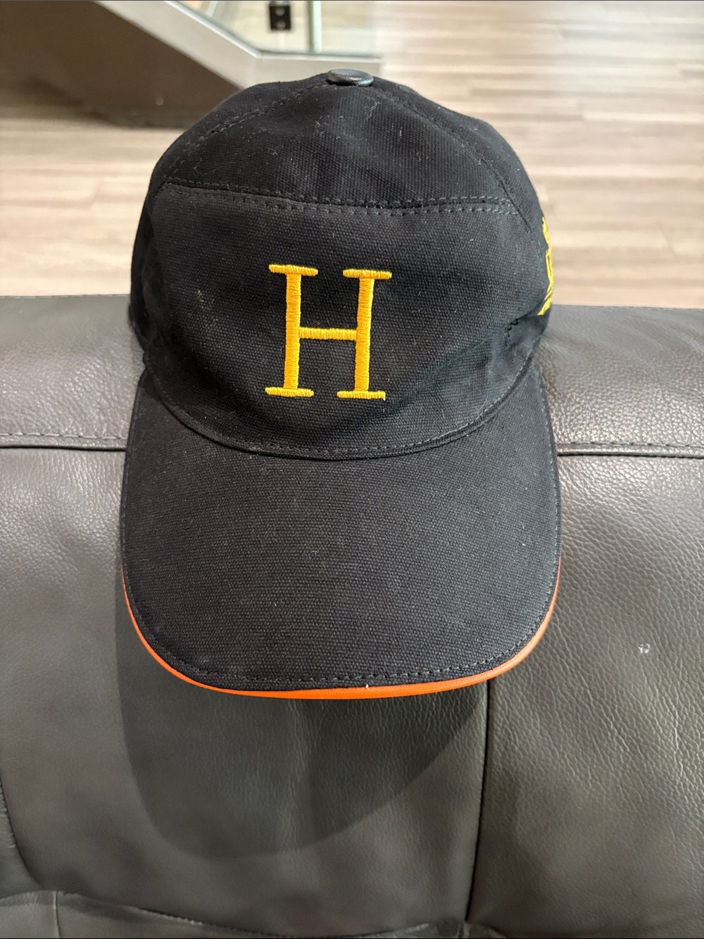 Hermes Black Cap with Yellow H and Orange Piping